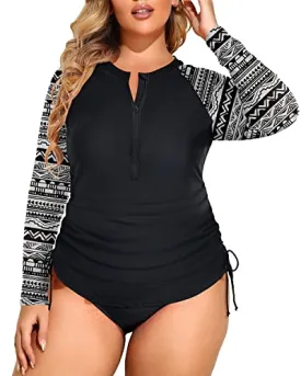 Long Sleeve Upf 50  Rash Guard Plus Size Zipper Swim Shirt With Bottom-Black And White Snake Print