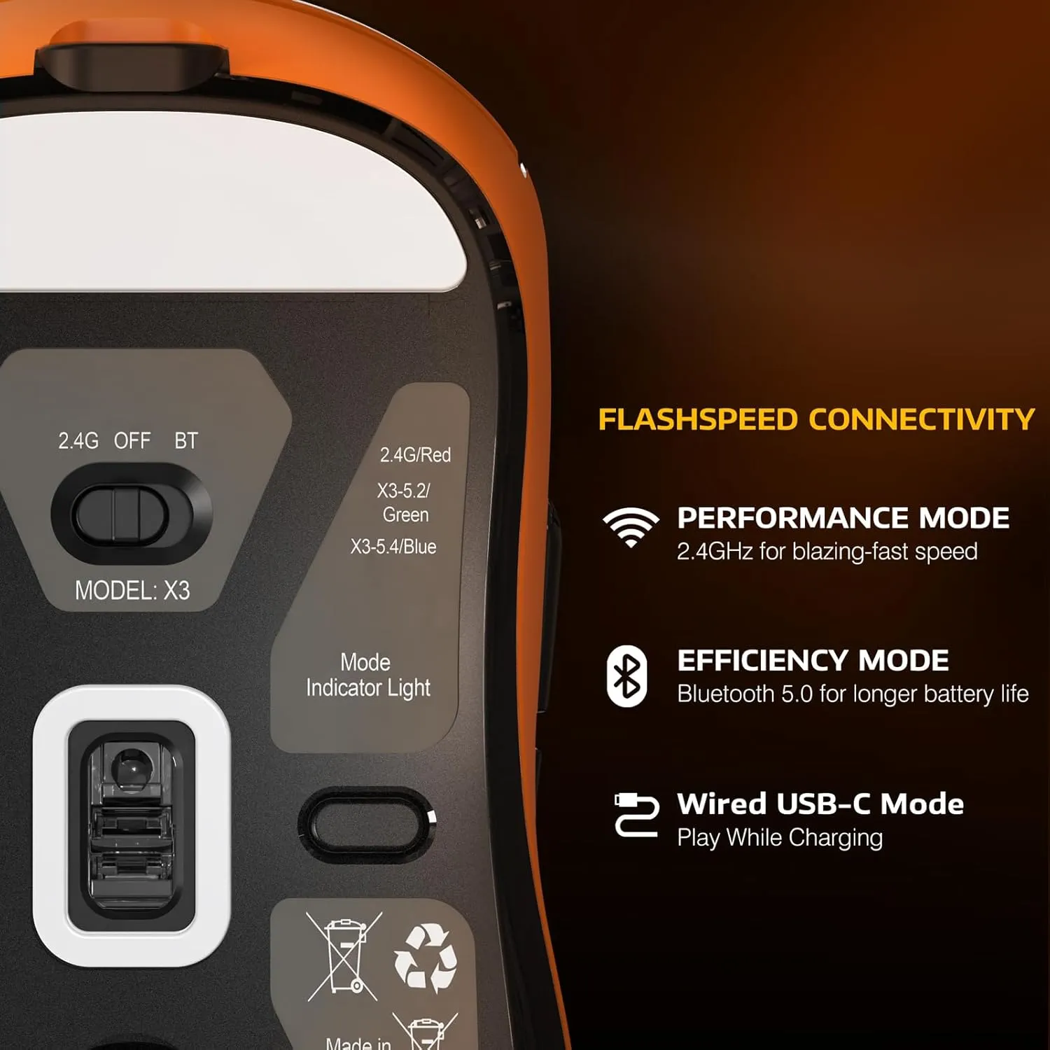 MANBASNAKE Attack Shark X3 Wireless Gaming Mouse, 49g Triple Mode Ergonomic Computer Mouse, PAW3395 26K DPI Sensor, 200h Battery Life, Griptape, Programmable Buttons for PC/Laptop/Mac (Orange)