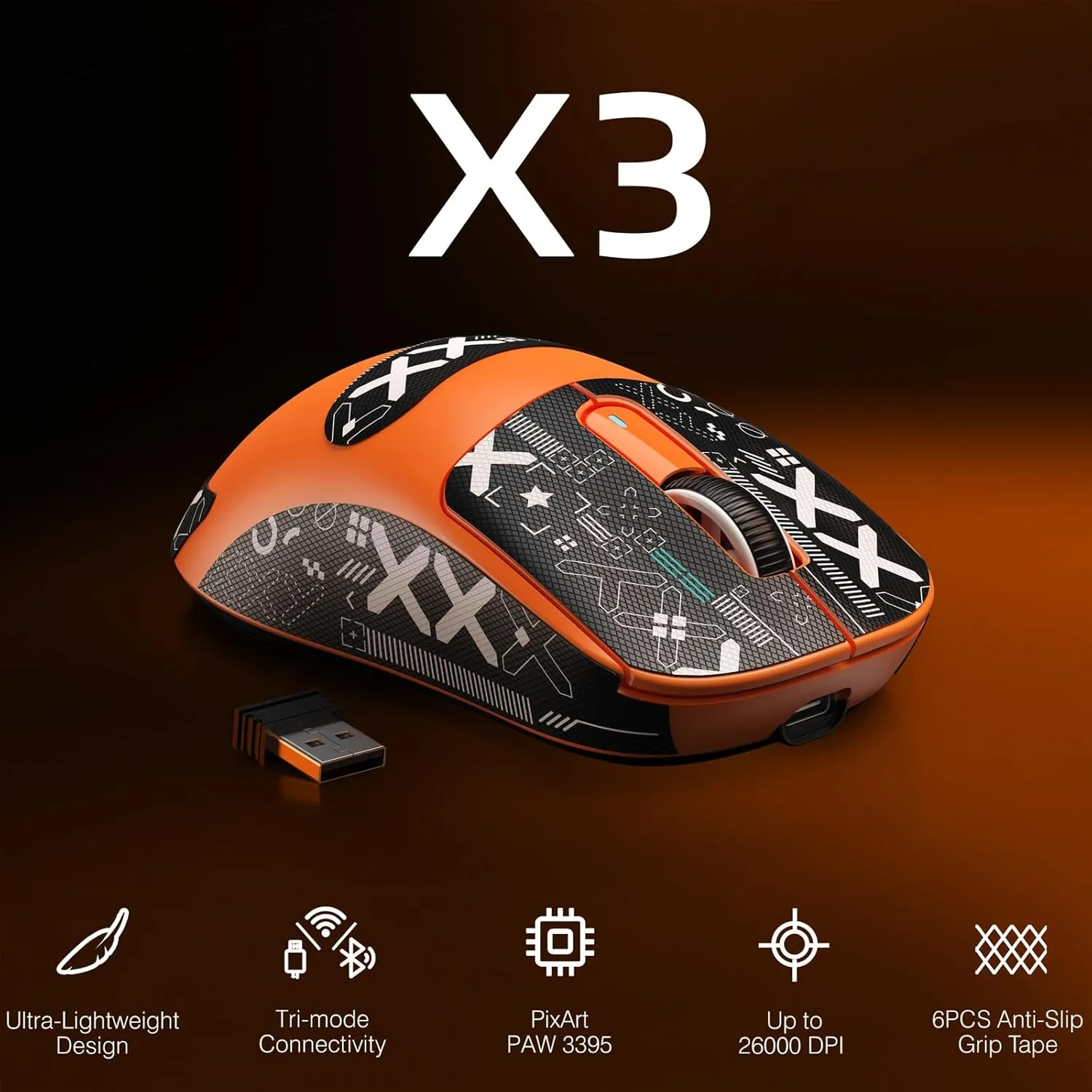 MANBASNAKE Attack Shark X3 Wireless Gaming Mouse, 49g Triple Mode Ergonomic Computer Mouse, PAW3395 26K DPI Sensor, 200h Battery Life, Griptape, Programmable Buttons for PC/Laptop/Mac (Orange)