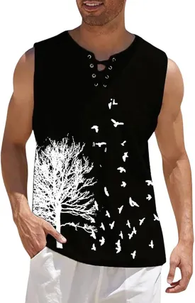 Men's Cotton Linen Tank Top Casual Sleeveless Henley Tank Shirts Lace Up Beach Hippie Tops Bohemian Pirate Tunic