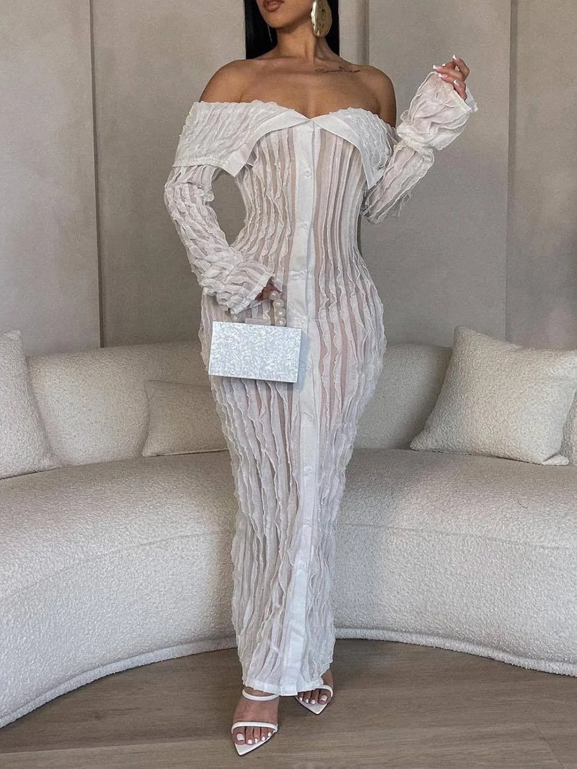 Mojessy Off Shoulder Ruffle Dresses for Women Sexy Long Sleeve Button Down See Through Bodycon Maxi Dresses