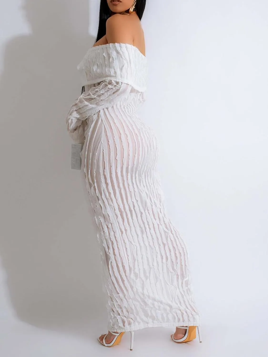 Mojessy Off Shoulder Ruffle Dresses for Women Sexy Long Sleeve Button Down See Through Bodycon Maxi Dresses