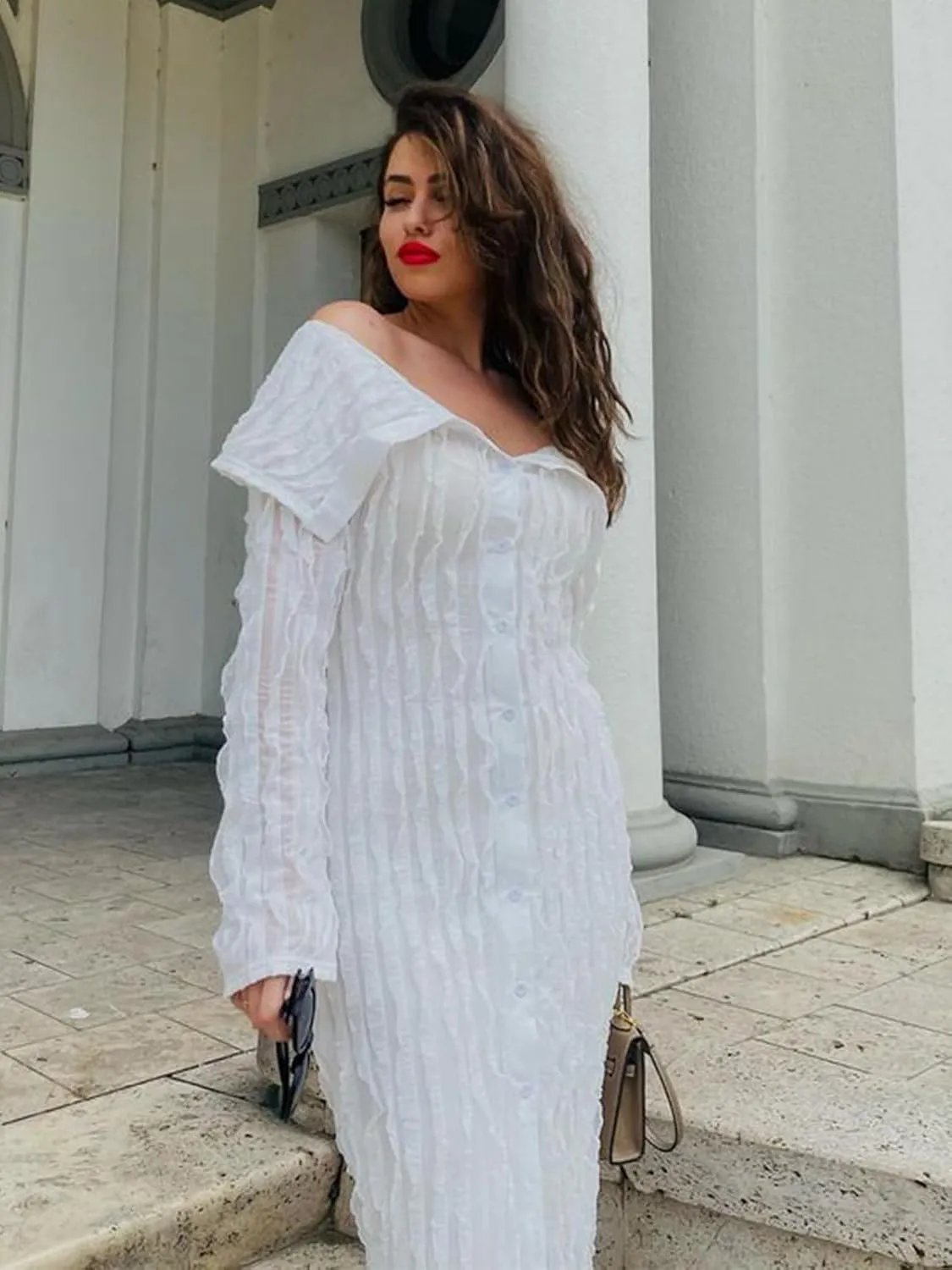Mojessy Off Shoulder Ruffle Dresses for Women Sexy Long Sleeve Button Down See Through Bodycon Maxi Dresses