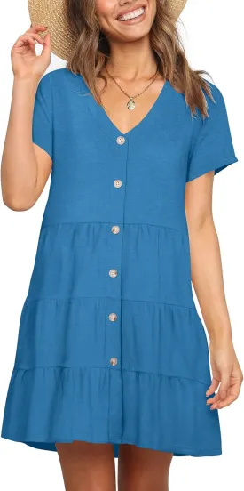Nova In Sky Women's Summer Dresses 2025 Short Sleeve V-Neck Casual Loose Swing Button Down Casual T Shirt Dresses