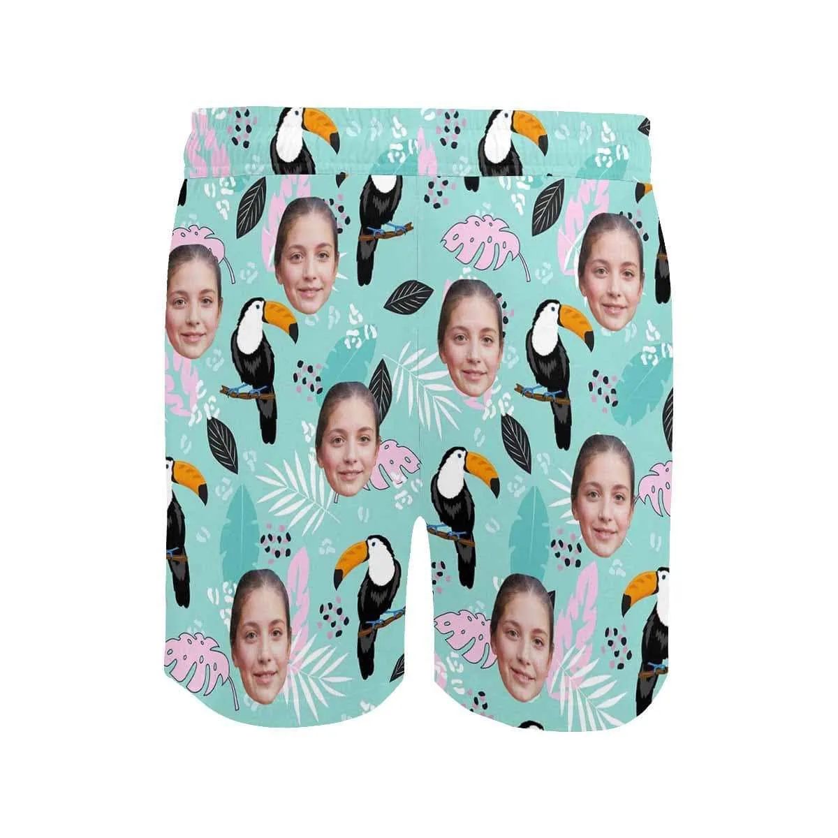 Personalized Swim Trunks with Customized Face Parrot Leaves Men's Quick Dry Swim Shorts