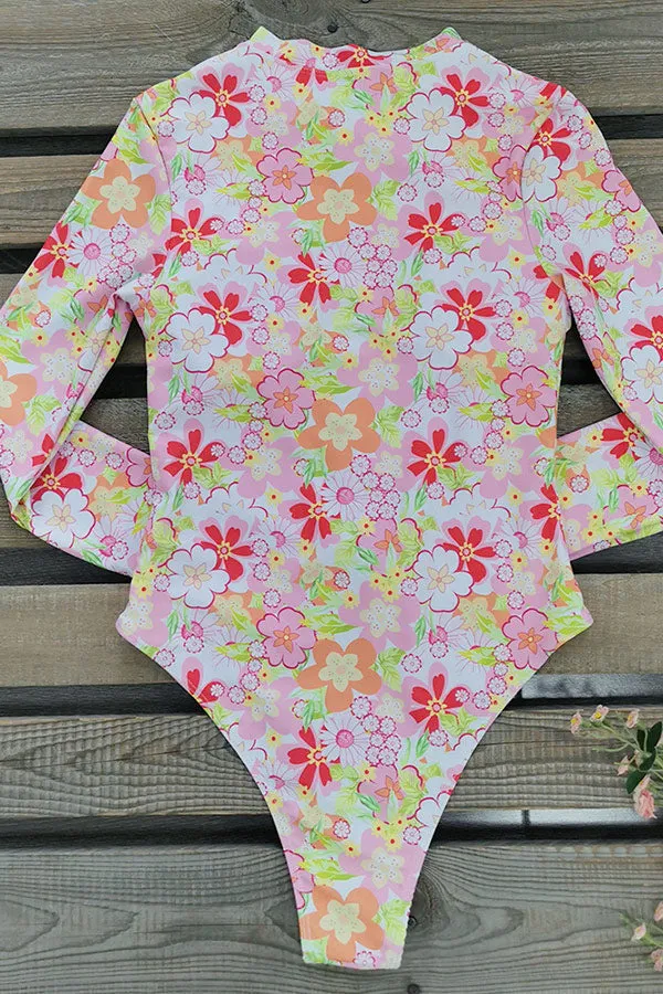 Pink Floral Print One Piece Swimsuit Long Sleeve UPF50  Rash Guard