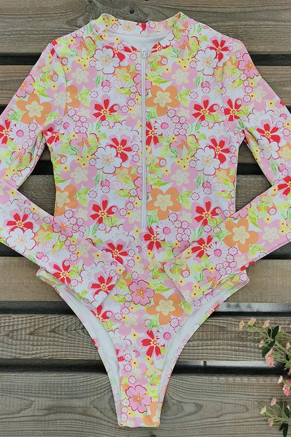 Pink Floral Print One Piece Swimsuit Long Sleeve UPF50  Rash Guard