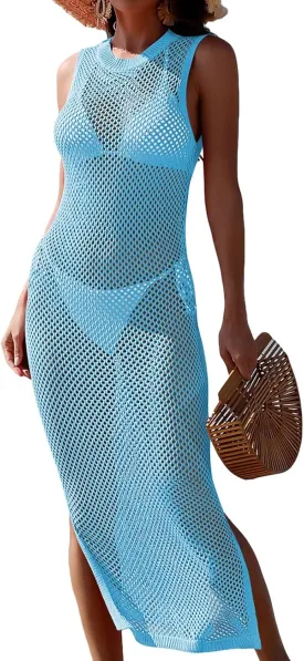 Pink Queen Women Swimsuit Cover Up Hollow Out Sleeveless Beach Maxi Dress Side Split Knit Bathing Suit Cover Up for Women