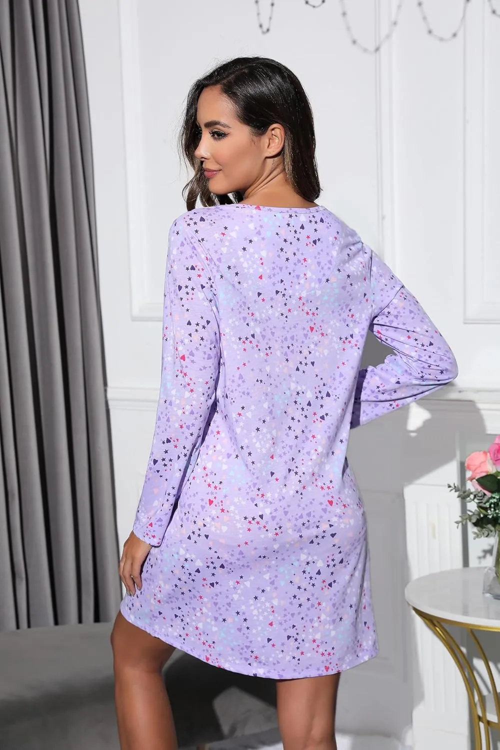 PNAEONG Women's Cotton Sleepwear Long Sleeves Nightgown Print Tee Sleep Dress