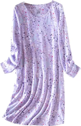 PNAEONG Women's Cotton Sleepwear Long Sleeves Nightgown Print Tee Sleep Dress