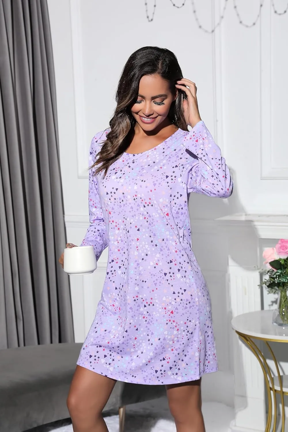 PNAEONG Women's Cotton Sleepwear Long Sleeves Nightgown Print Tee Sleep Dress