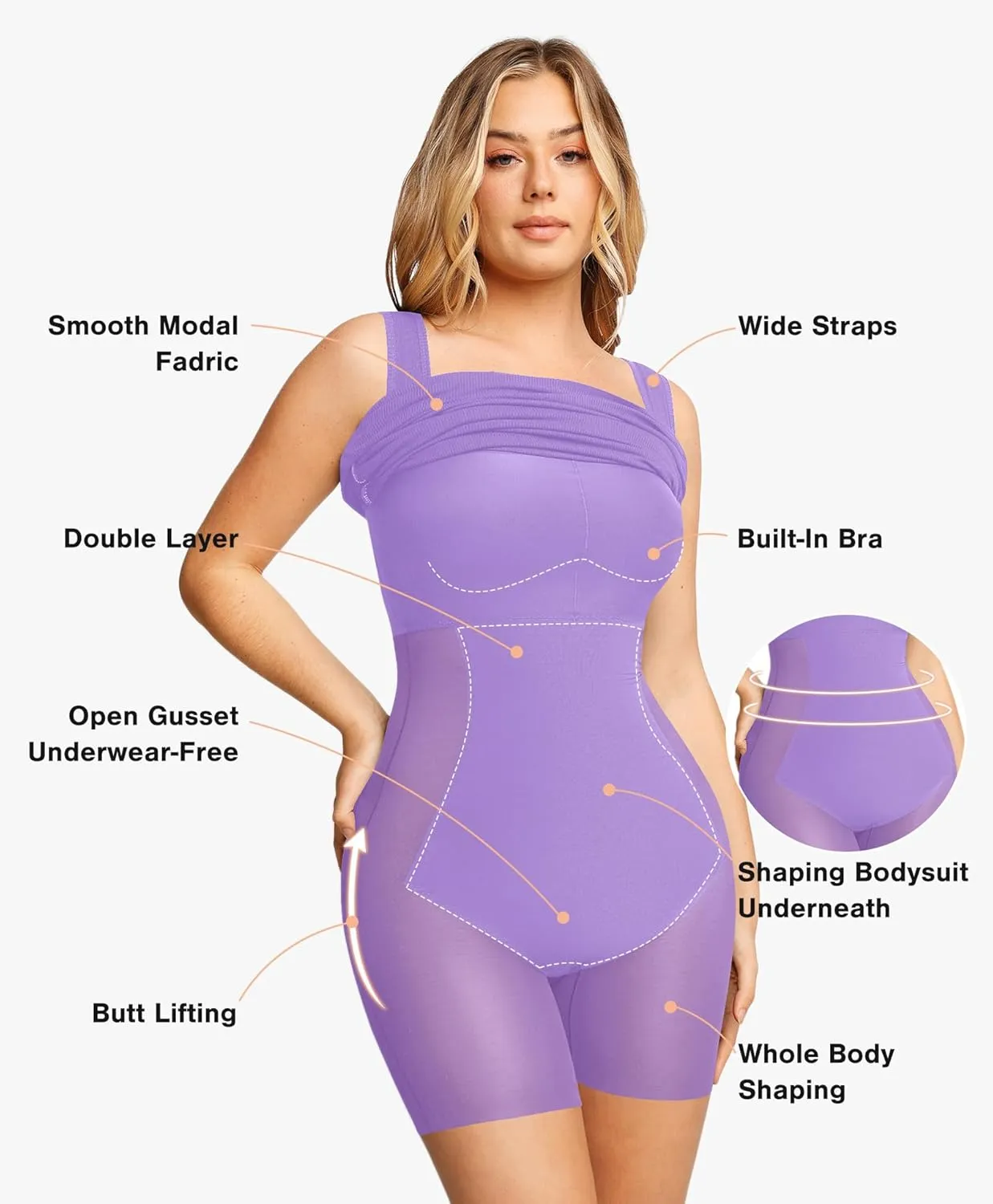 Popilush Shapewear Dress Built in Shapewear Bra 8 in 1 Square Neck Mini Slit Bodycon Summer Dress for Women