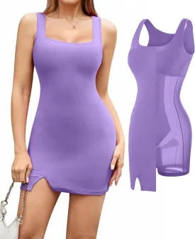 Popilush Shapewear Dress Built in Shapewear Bra 8 in 1 Square Neck Mini Slit Bodycon Summer Dress for Women