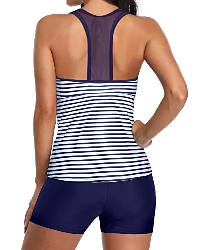 Racerback Mesh Tankini Top With Shorts For Women's Swimwear-Blue White Stripe
