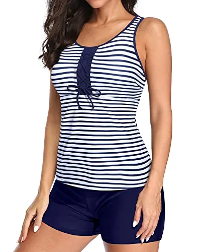 Racerback Mesh Tankini Top With Shorts For Women's Swimwear-Blue White Stripe