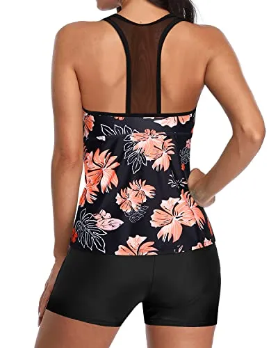 Racerback Two Piece Tankini Set With Tummy Control For Women-Black Orange Floral