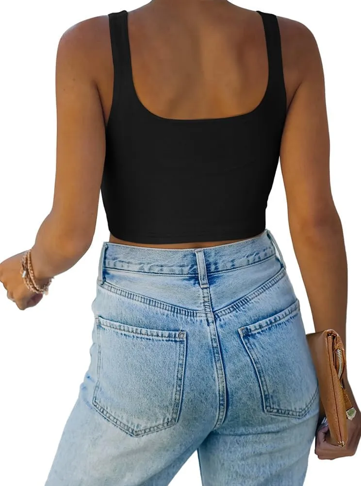 REORIA Womens Sexy Square Neck Double Lined Seamless Sleeveless Cropped Tank Yoga Crop Basic Tops
