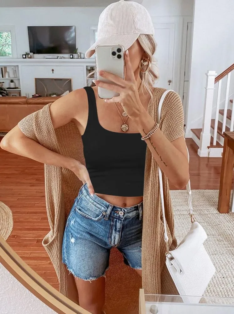 REORIA Womens Sexy Square Neck Double Lined Seamless Sleeveless Cropped Tank Yoga Crop Basic Tops