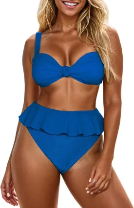 Saodimallsu Womens 2 Piece High Waisted Swimsuit Ruffle Bikini Sets Twist Knot Ribbed Bathing Suits