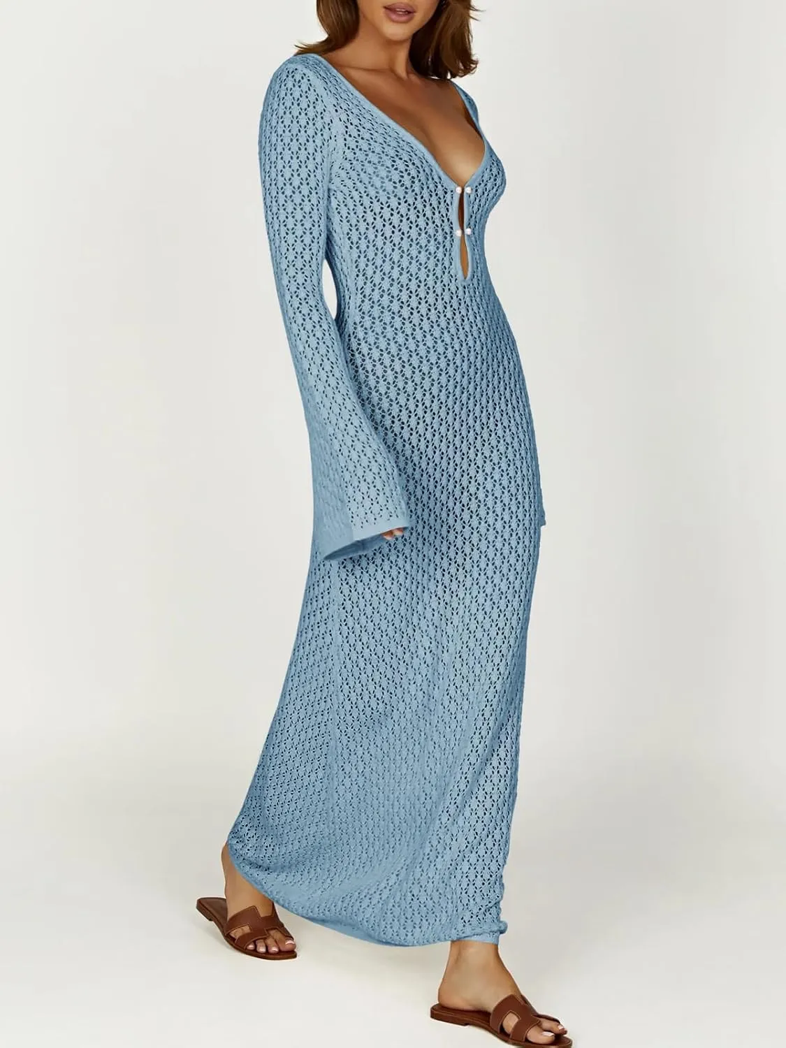 Saodimallsu Womens Crochet Maxi Cover Up Dress Beach Swim Vacation Coverups Long Sleeve Sexy Bodycon Summer Knit Dresses