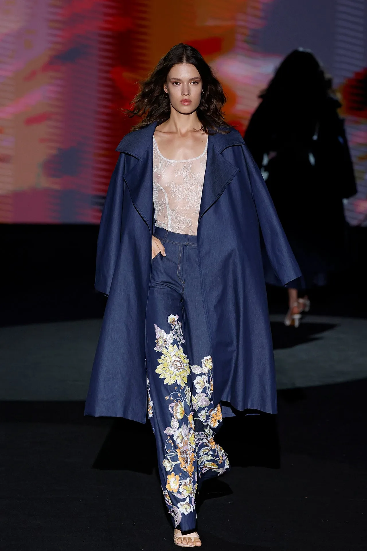 Sleeveless Sheer Top with Wide-Leg Floral-Print Pants, and Structured Long Coat