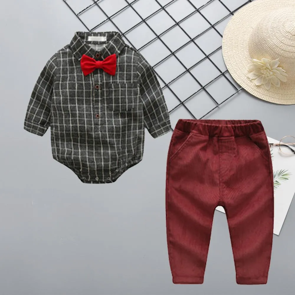 Spring 3- Piece Baby Boys Clothes Set Checked Bodysuit and Corduroy Pants and Bow Tie