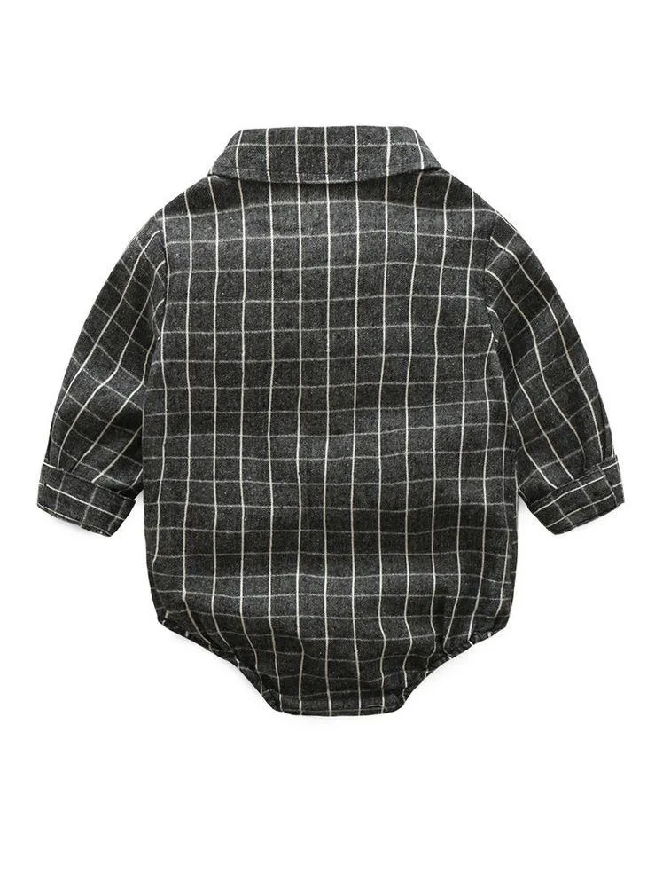 Spring 3- Piece Baby Boys Clothes Set Checked Bodysuit and Corduroy Pants and Bow Tie