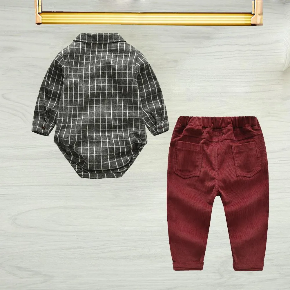 Spring 3- Piece Baby Boys Clothes Set Checked Bodysuit and Corduroy Pants and Bow Tie