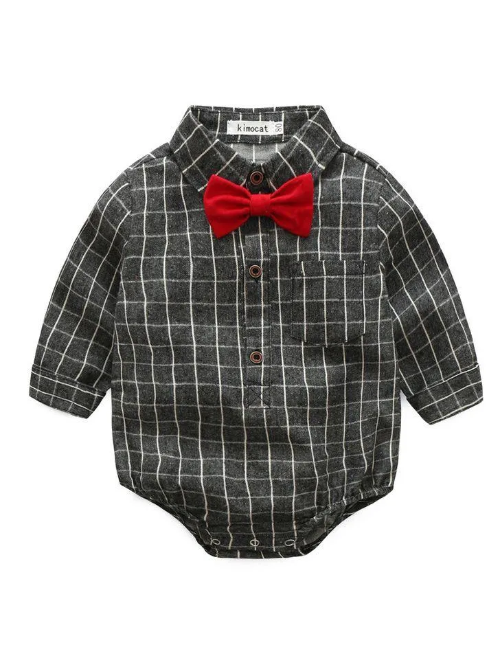 Spring 3- Piece Baby Boys Clothes Set Checked Bodysuit and Corduroy Pants and Bow Tie