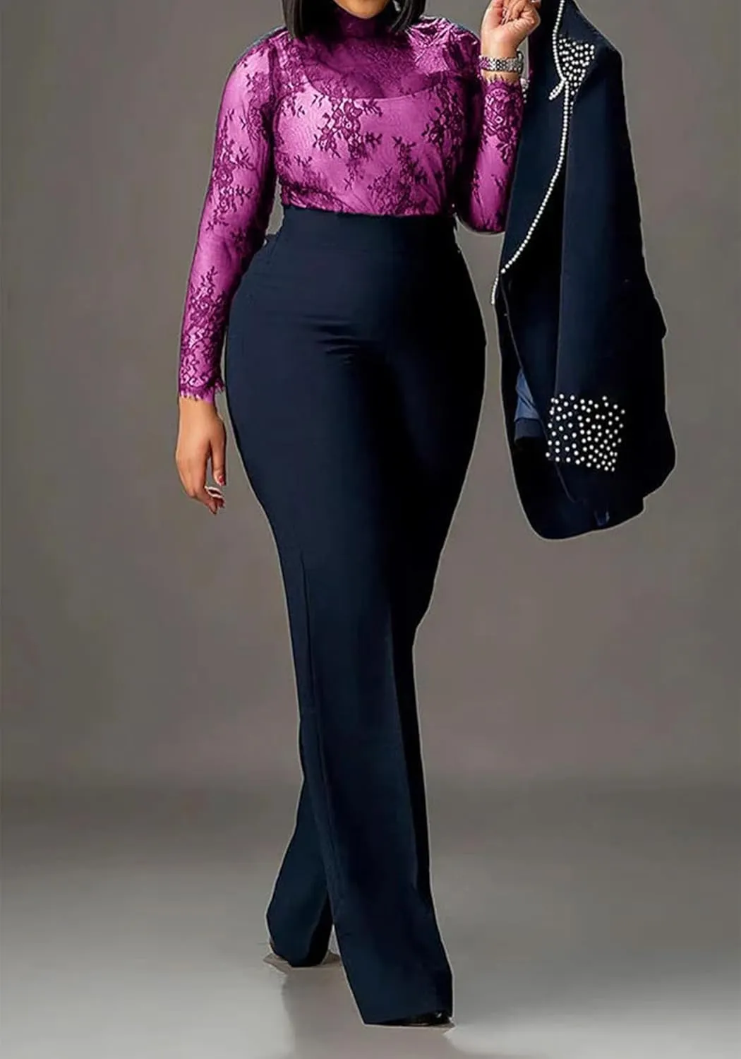 Tcremisa Womens Fashion Pants Suit 2 Piece Business Outfits Pearls Long Sleeve Blazer and Slim Fit Pants Sets