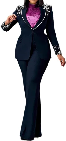 Tcremisa Womens Fashion Pants Suit 2 Piece Business Outfits Pearls Long Sleeve Blazer and Slim Fit Pants Sets