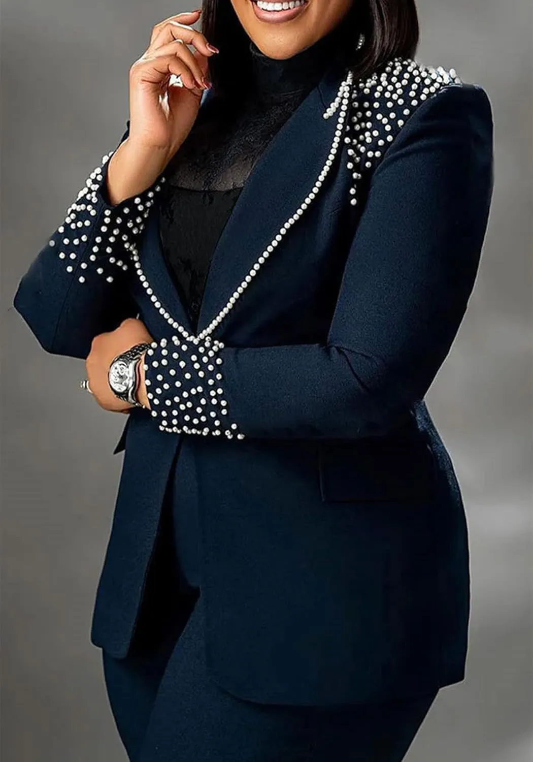 Tcremisa Womens Fashion Pants Suit 2 Piece Business Outfits Pearls Long Sleeve Blazer and Slim Fit Pants Sets