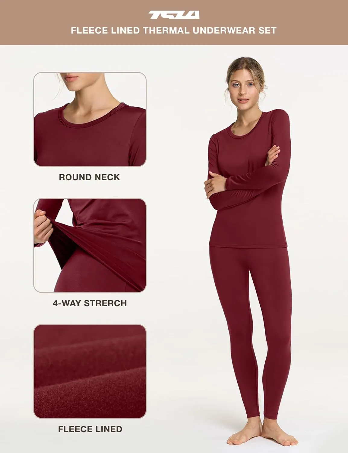TSLA Women's Thermal Underwear Set, Soft Fleece Lined Long Johns, Winter Warm Base Layer Top & Bottom