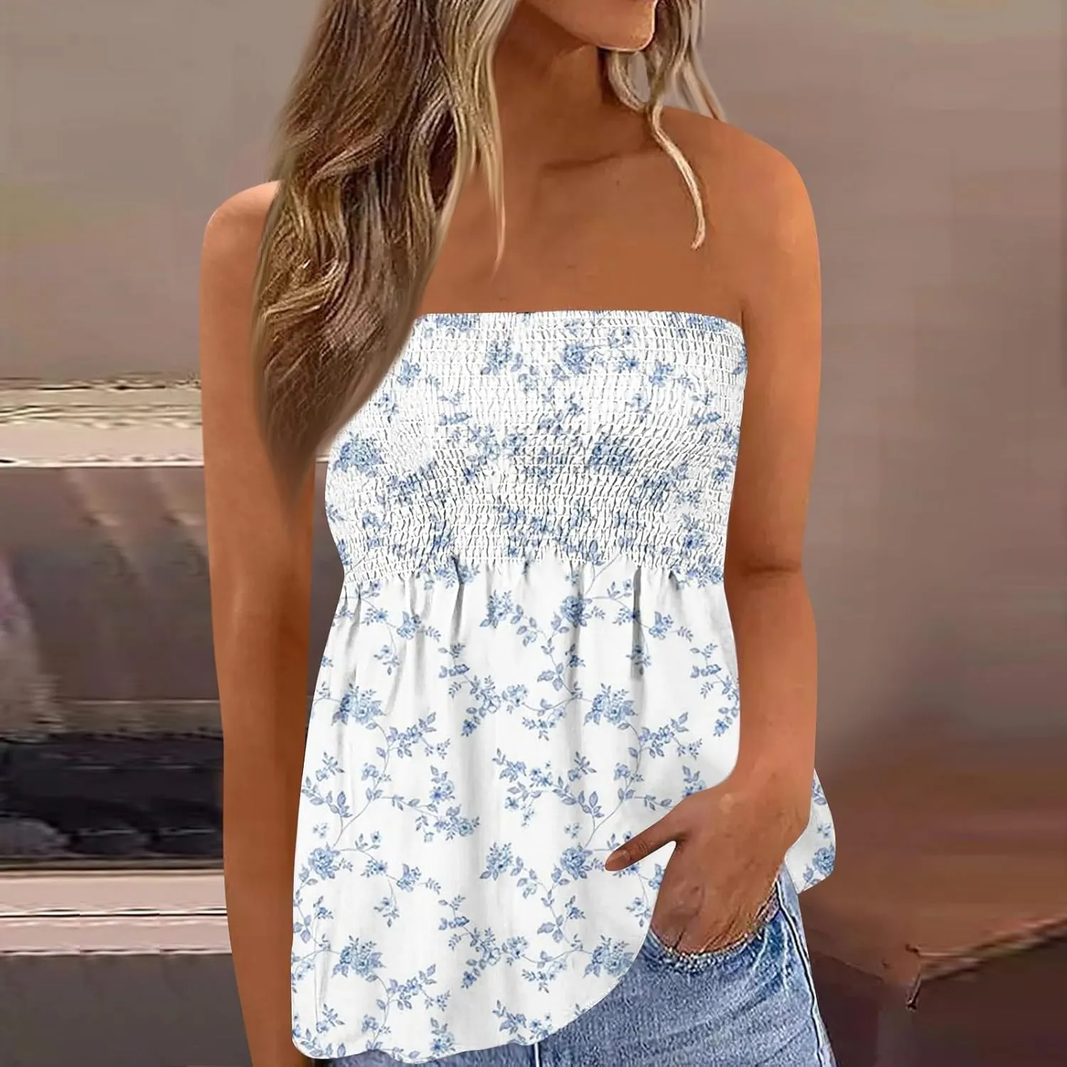 Tube Tops for Women Sleeveless Smocked Ruffled Tanks Strapless Floral Print Tube Tops Lightweight Sexy Bandeau
