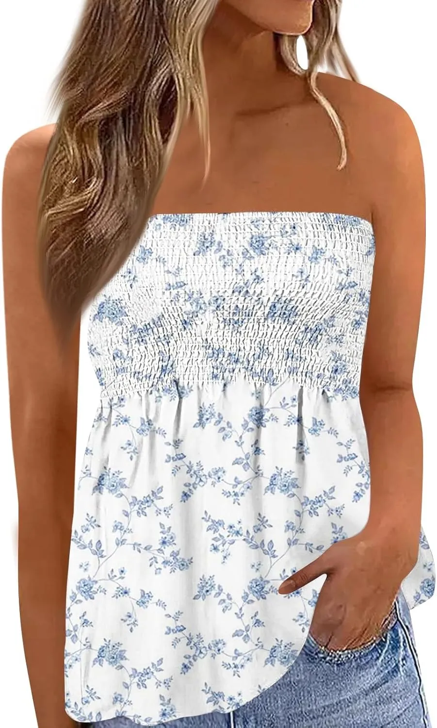 Tube Tops for Women Sleeveless Smocked Ruffled Tanks Strapless Floral Print Tube Tops Lightweight Sexy Bandeau