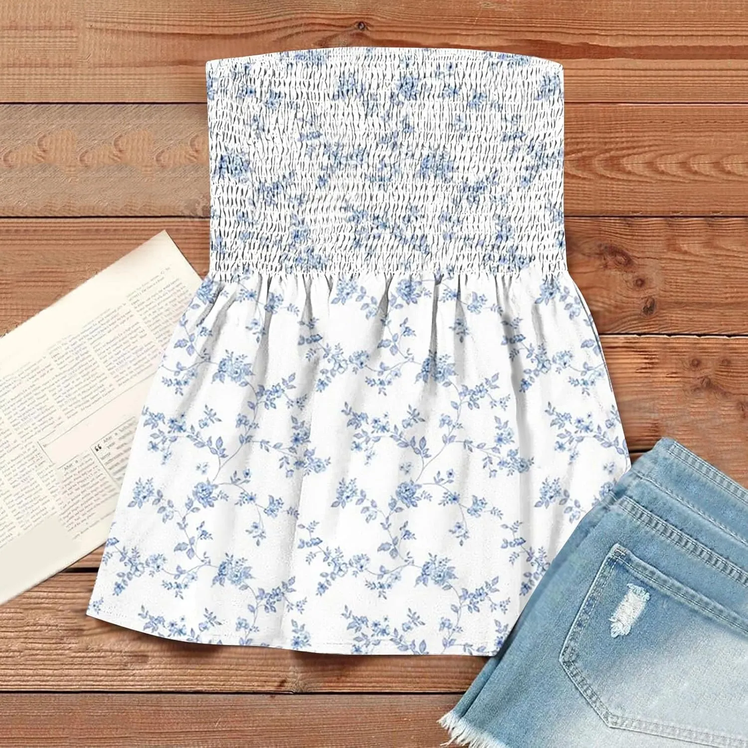 Tube Tops for Women Sleeveless Smocked Ruffled Tanks Strapless Floral Print Tube Tops Lightweight Sexy Bandeau
