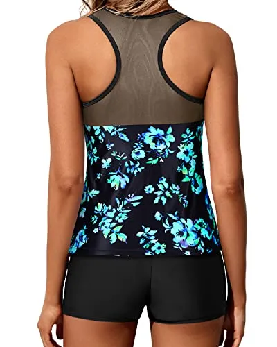 Two-Piece Sporty Tankini Bathing Suits For Juniors Boyleg Bottoms-Black Blue Floral