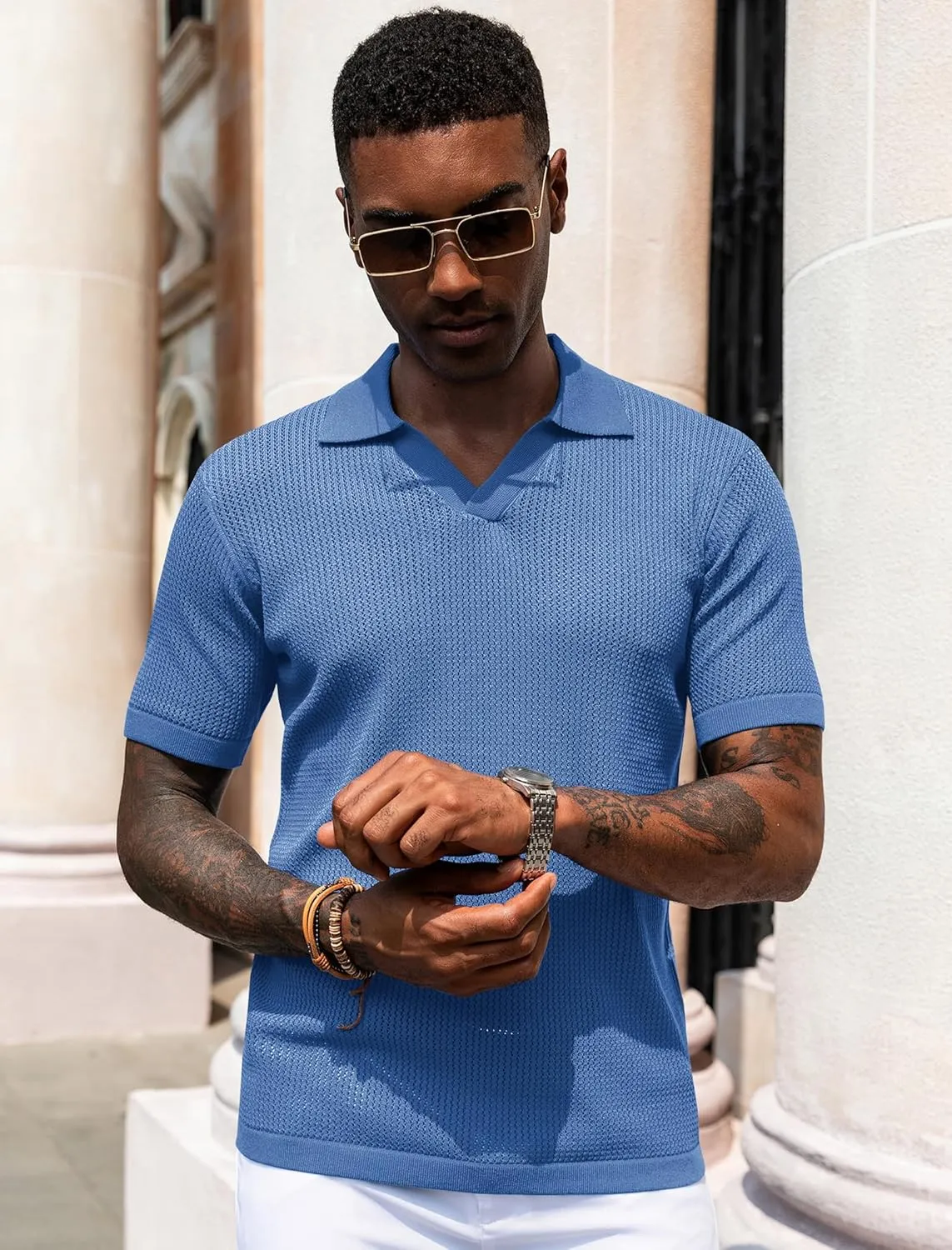 URRU Mens Polo Shirt Summer Casual Short Sleeve Hollow Out Shirts V Neck Lightweight Knitted Mesh Polo Shirt