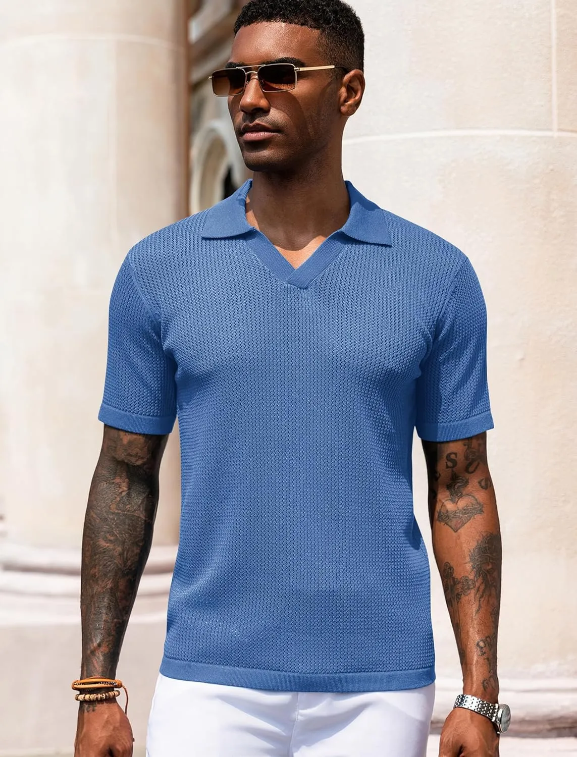 URRU Mens Polo Shirt Summer Casual Short Sleeve Hollow Out Shirts V Neck Lightweight Knitted Mesh Polo Shirt