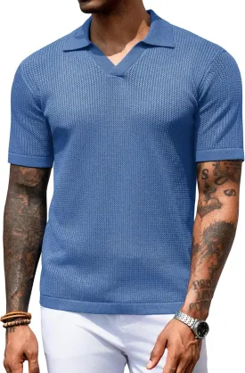 URRU Mens Polo Shirt Summer Casual Short Sleeve Hollow Out Shirts V Neck Lightweight Knitted Mesh Polo Shirt