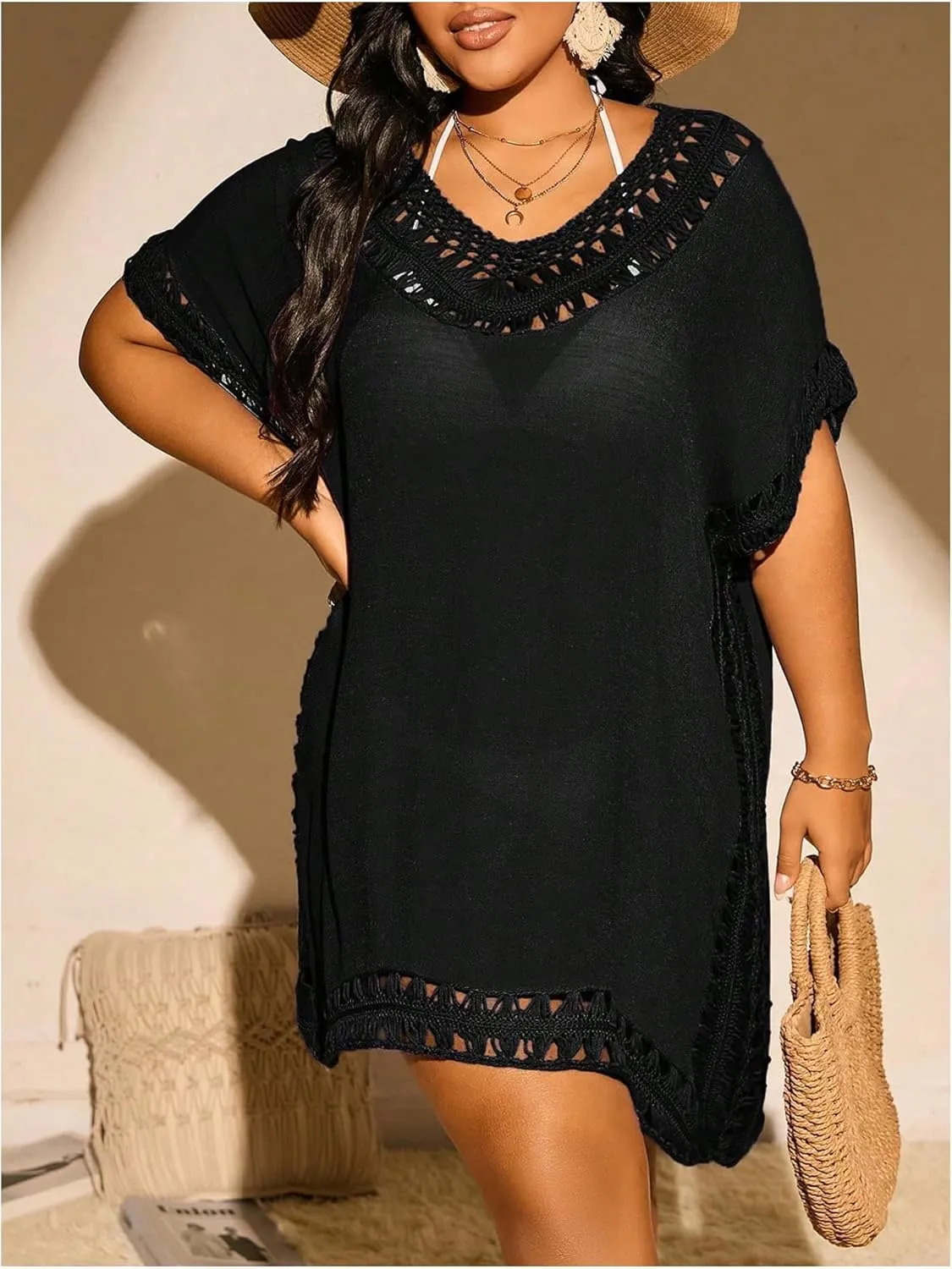 Verdusa Women's Plus Size Hollow Out Dolman Sleeve Beach Cover Up Dress Tunic Dress