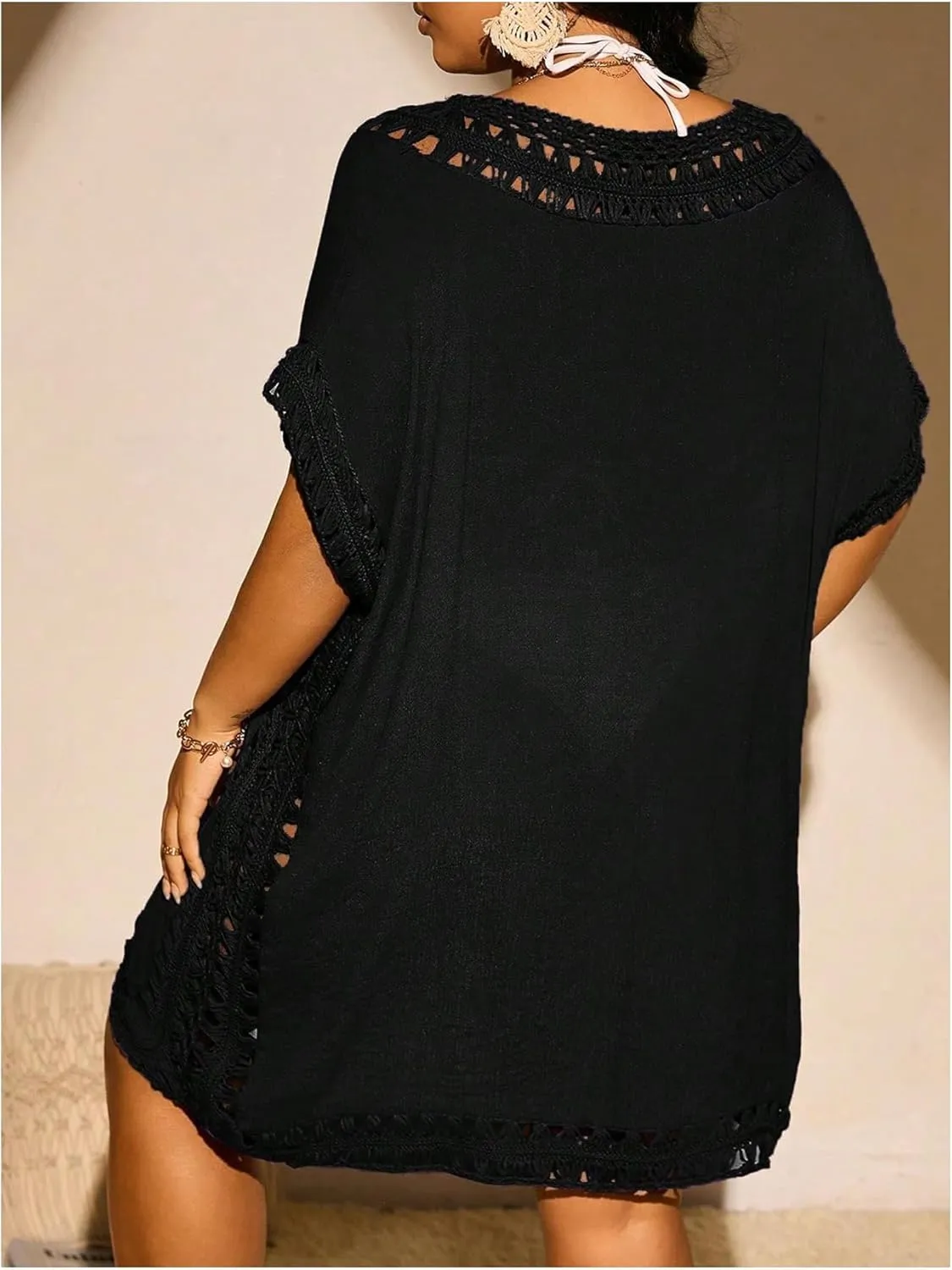 Verdusa Women's Plus Size Hollow Out Dolman Sleeve Beach Cover Up Dress Tunic Dress