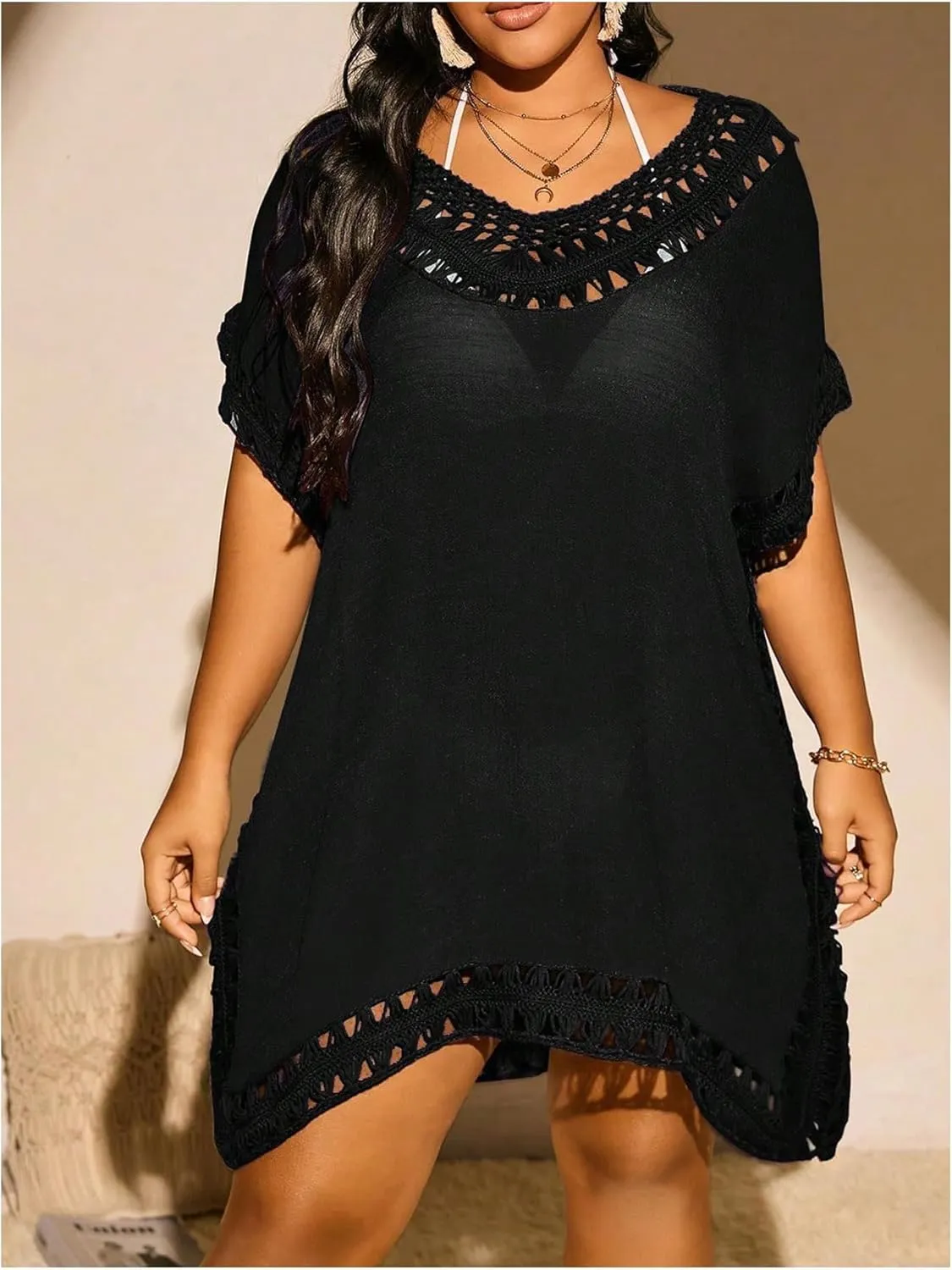 Verdusa Women's Plus Size Hollow Out Dolman Sleeve Beach Cover Up Dress Tunic Dress