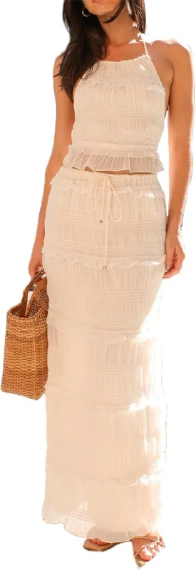 Women Y2k 2 Piece Maxi Skirt Set Sexy Backless Halter Crop Cami Top Tiered Smocked Flowy Long Skirt Beach Matching Set