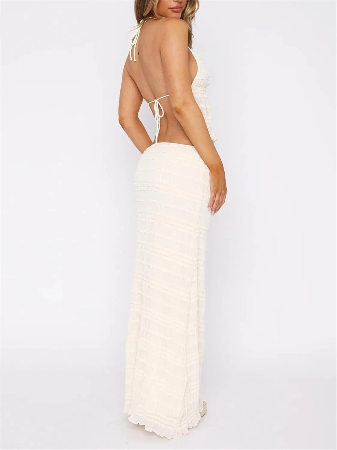 Women Y2k 2 Piece Maxi Skirt Set Sexy Backless Halter Crop Cami Top Tiered Smocked Flowy Long Skirt Beach Matching Set