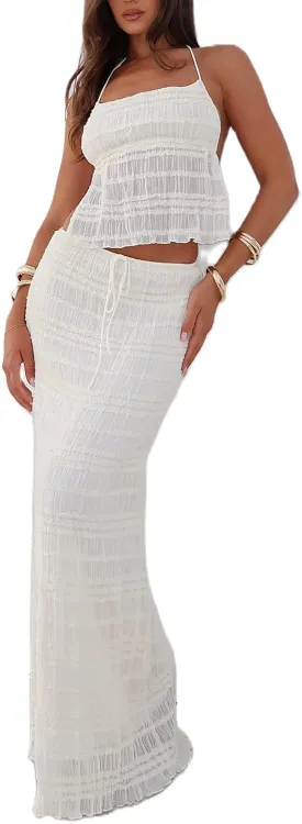Women Y2k 2 Piece Maxi Skirt Set Sexy Backless Halter Crop Cami Top Tiered Smocked Flowy Long Skirt Beach Matching Set