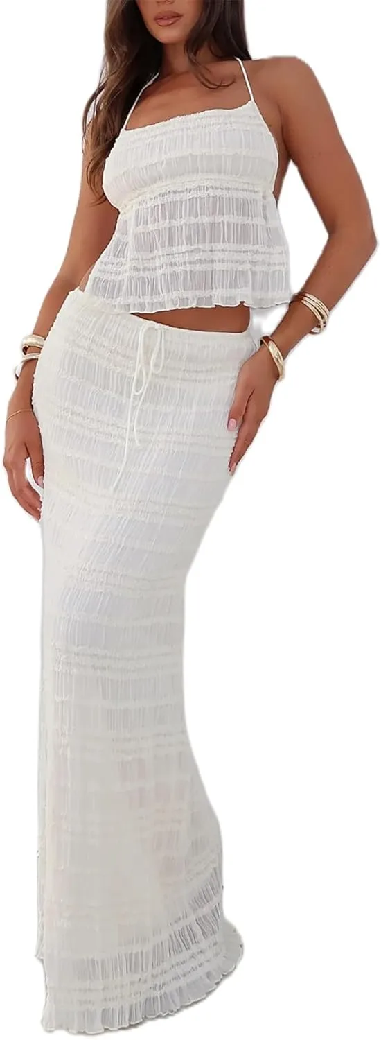 Women Y2k 2 Piece Maxi Skirt Set Sexy Backless Halter Crop Cami Top Tiered Smocked Flowy Long Skirt Beach Matching Set