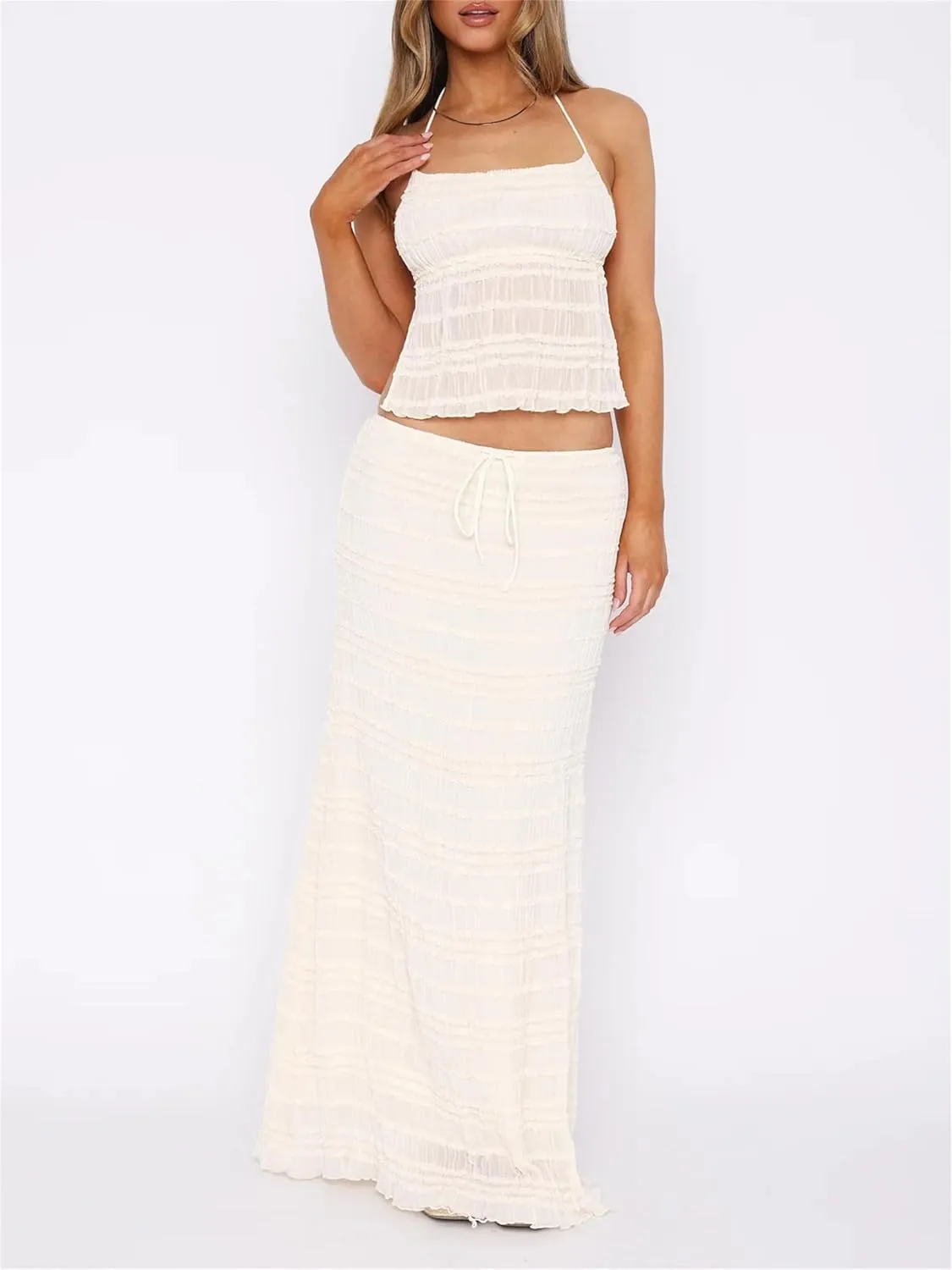 Women Y2k 2 Piece Maxi Skirt Set Sexy Backless Halter Crop Cami Top Tiered Smocked Flowy Long Skirt Beach Matching Set