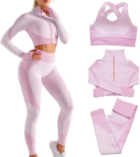 Women's 3pcs Seamless Workout Outfits Sets, Yoga Sportswear Tracksuit Leggings and Stretch Sports Bra Fitness