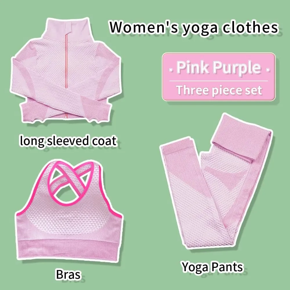 Women's 3pcs Seamless Workout Outfits Sets, Yoga Sportswear Tracksuit Leggings and Stretch Sports Bra Fitness